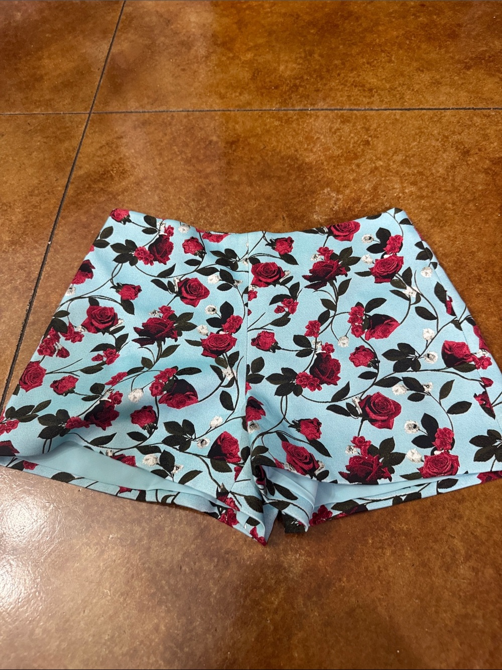 Alice + Olivia Aqua Floral High-Waist Shorts with Red Rose Print